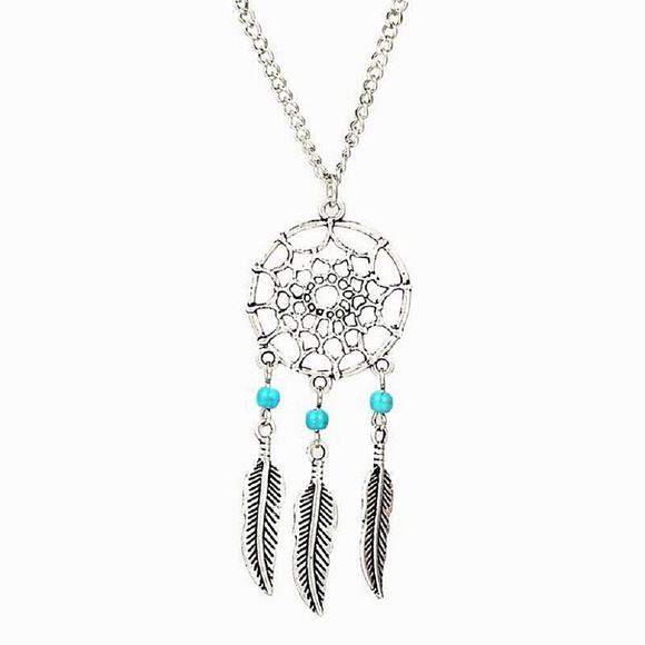 Handmade Jewelry - DREAM CATCHER Necklace Turquoise Pendant Feathers